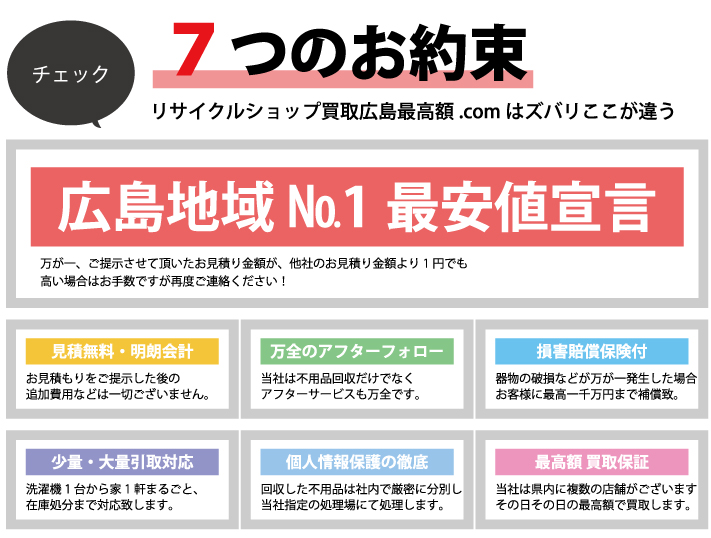 7つのお約束 リサイクルショップ買取広島最高額.comはズバリここが違う 広島地域№1最安値宣言 見積無料・明朗会計 追加費用なし 万全のアフターフォロー 損害賠償保険付 少量・大量引取対応 個人情報保護の徹底 最高額 買取保証